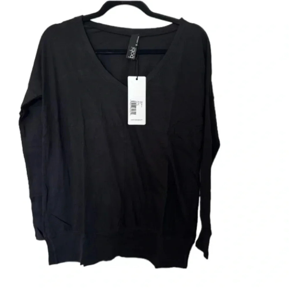 Bobi Revolve Women's Long Sleeve Black Ribbed Mix V-Neck Cotton Tee Size XS NWT